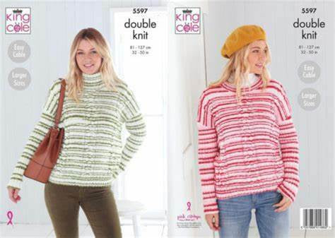 King Cole Knitting Pattern - Ladies Jumper - Stripe Double Knit - 5597