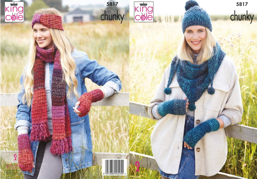 Knitting Pattern Accessories Hat, Shawl, Wristwarmers, Scarf in King Cole Autumn Chunky 5817