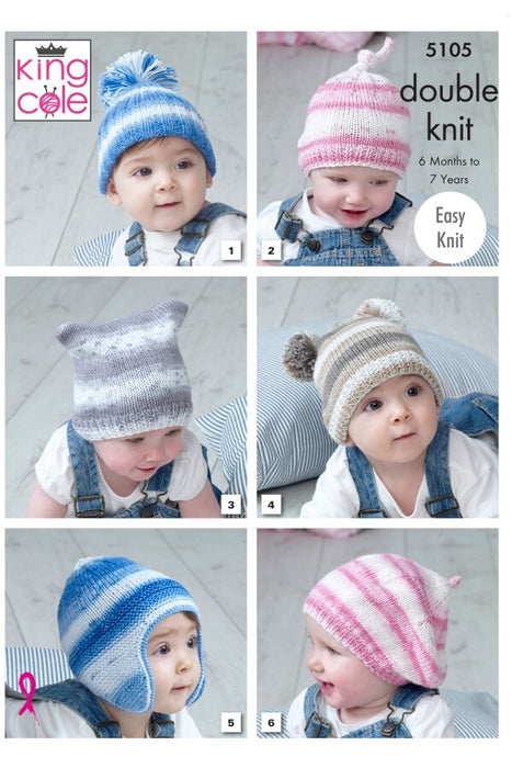Knitting Pattern Hats 6 Months to 7 Years in King Cole Cottonsoft Baby Crush DK 5105