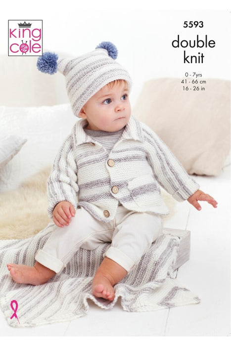 Knitting Pattern Cardigan, Hat & Blanket 0-7 Years In King Cole Stripe DK 5593 *
