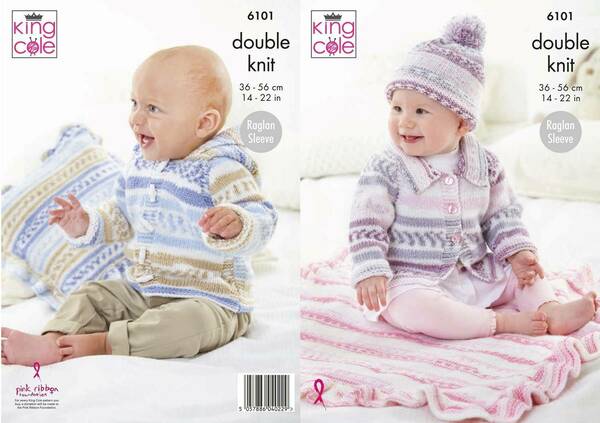 Knitting Pattern Baby Jackets, Hat, Blanket & Cushion Cover - King Cole Cherish DK - 6101