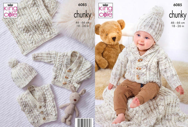 Knitting Pattern Baby Jacket Cardigan Gilet Hat & Blanket - King Cole Bumble Chunky - 6085