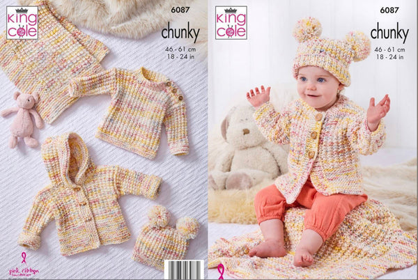 Knitting Pattern Baby Hooded Jacket, side Fastening Jacket, Hat, Sweater & Blanket - King Cole Bumble Chunky - 6087