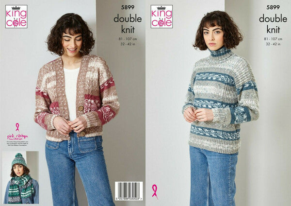 Knitting Pattern Cardigan, Sweater, Scarf & Hat King Cole Fjord DK - 5899