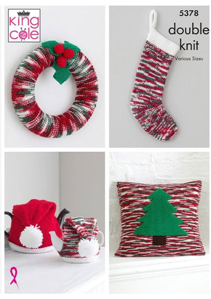 Knitting Pattern Christmas Wreath Stocking Tea Cosies & Cushion King Cole Glitz DK - 5378