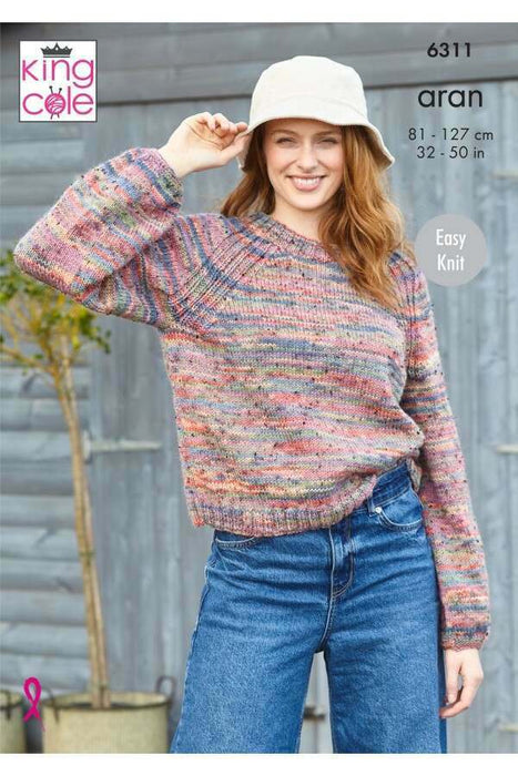 Knitting Pattern Ladies Sweaters Knitted in King Cole Homespun Prism Aran 6311