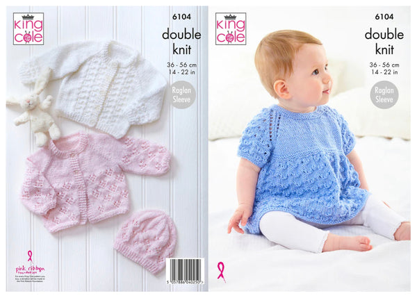 Knitting Pattern Baby Jacket, Angel Top, Cardigan & Hat King Cole Glitz DK - 6104