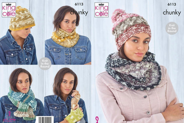 Knitting Pattern Accessories Hat, Snood, Scarf & Fingerless Gloves King Cole Nordic Chunky - 6113