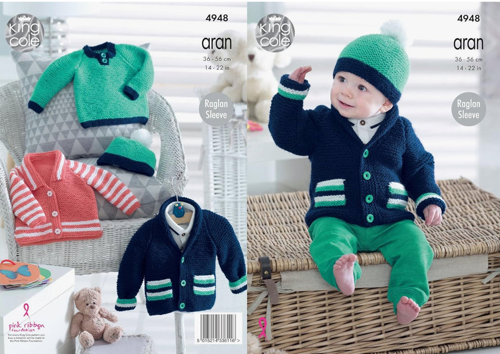 Knitting Pattern Jackets, Hat & Sweater in King Cole Comfort Aran 4948