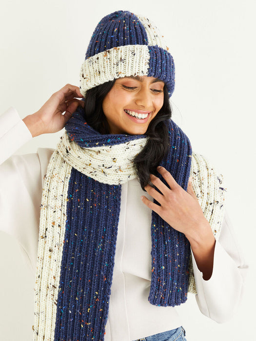 Knitting Pattern Colour Block Hat & Scarf in Hayfield Bonus Chunky Tweed 10338