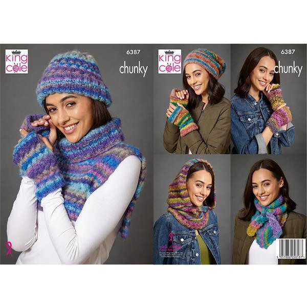 Knitting Pattern Accessories Beanie, Hand Warmers, Bandana, Cable Hat Fake Polo Neck, Hooded Cowl, in King Cole Flair Chunky 6387