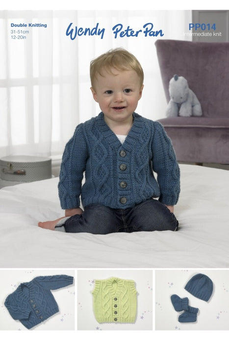 Knitting Pattern Cable Cardigan, Waistcoat, Hat & Bootees in Wendy Peter Pan DK PP014
