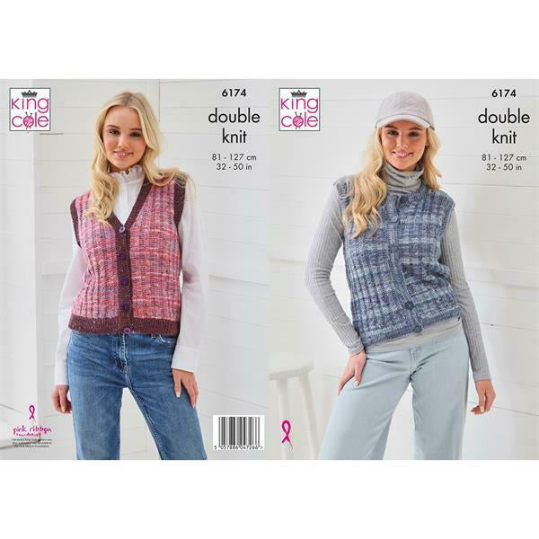 Knitting Pattern Ladies Roudn & V-Neck Waistcoats King Cole Homespun Prism DK - 6174