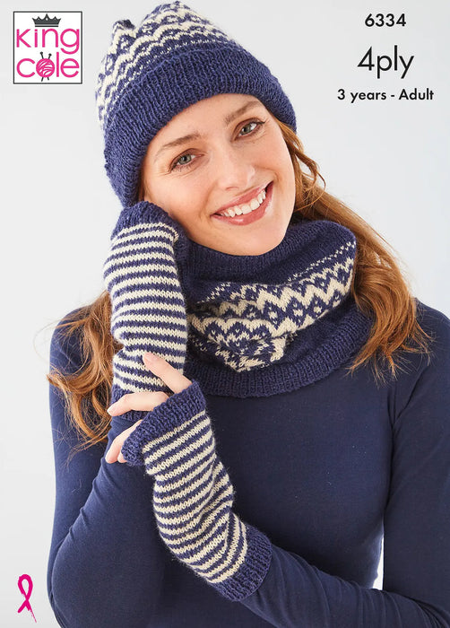 Knitting Pattern Family Accessories Hat, Cowl &. Wrist Wwarmers Knitted in King Cole Tiptoe 4 Ply 6334