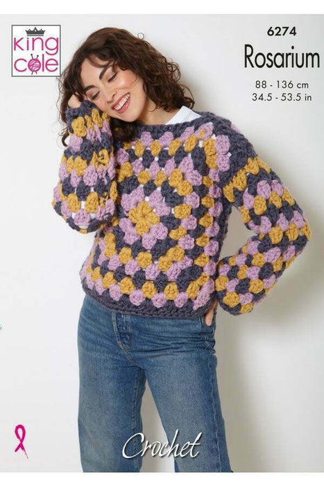 Crochet Pattern Granny Square Jumper & Slipover in King Cole Rosarium Mega Chunky 6274