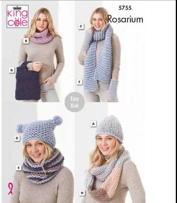 Knitting Pattern Hats, Snood, Wrist Warmers, Scarf & Bag in King Cole Rosarium Mega Chunky 5755