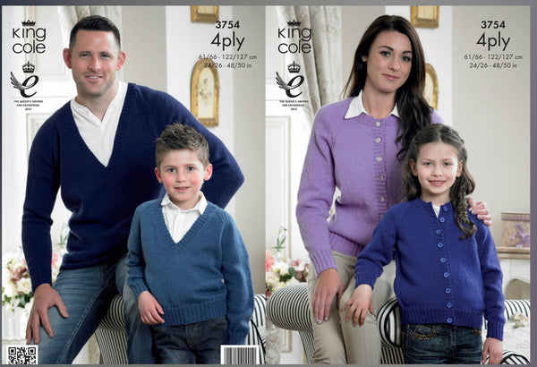 Knitting Pattern Adult & Child Cardigan & Sweater King Cole Merino Blend 4 Ply - 3754