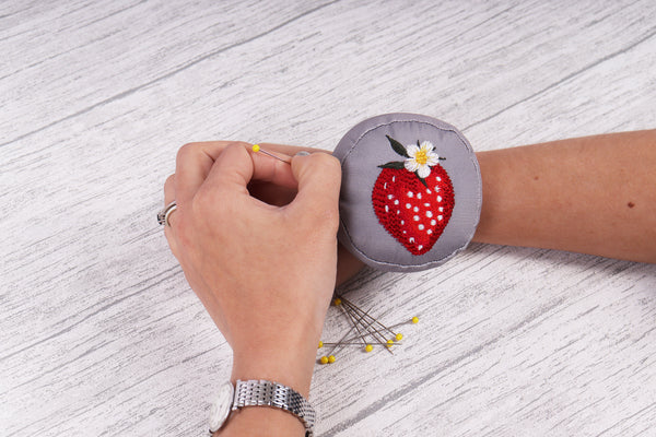 Hobby Gift Pin Cushion Wrist Strap Embroidered Strawberry Greenhouse - PCW/642