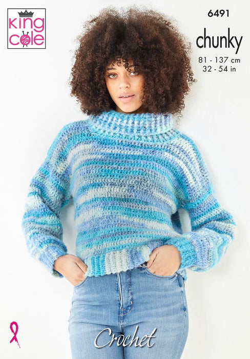 Crochet Pattern Cardigan & Jumper 32 - 54in in King Cole Flair Chunky 6491
