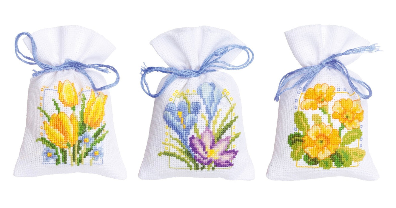 Vervaco Cross Stitch Kit Gift Bags / Potpourri Spring Flowers Set of 3 PN-0147592