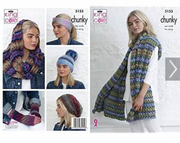 Knitting Pattern Apparel Accessories Scarf, Hats, Wrist Warmers, Wrap, Snood, Head Band King Cole Riot Chunky 5153