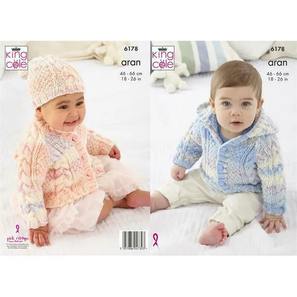 Knitting Pattern Cardigans & Hat Knitted in King Cole Cosy Love Aran 6178