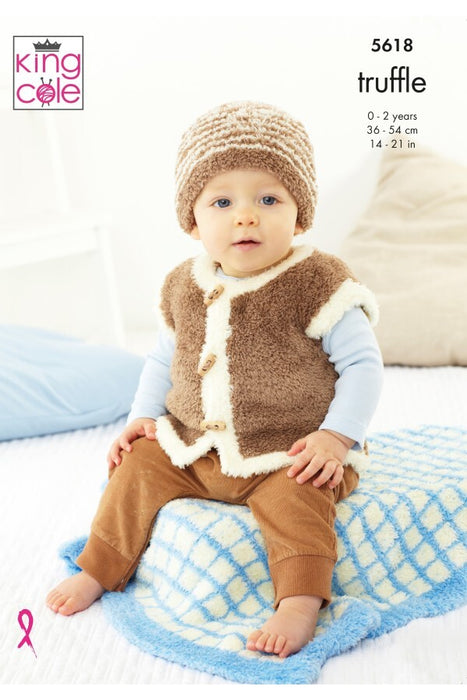 Knitting Pattern Pram Blanket, Jacket, Gilet & Hat in King Cole Truffle DK 5618