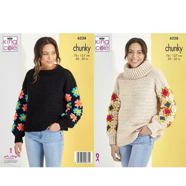 Crochet Pattern Granny Square Roll Neck and Crew Neck Jumpers Knitted in King Cole Big Value Chunky 6228