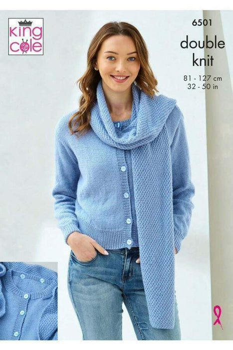 Knitting Pattern Ladies Cardigan, Scarf, Sweater & Cowl in King Cole Orchard DK 6501