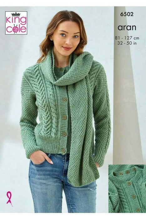 Knitting Pattern Ladies Cardigan, Scarf, Sweater & Cowl in King Cole Fashion Aran 6502