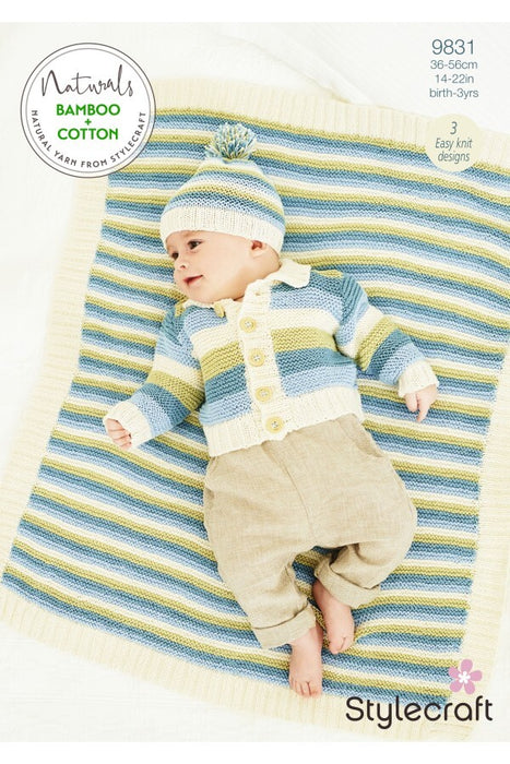Knitting Pattern Baby Jacket, Hat & Blanket in Stylecraft Naturals Bamboo and Cotton DK 9831