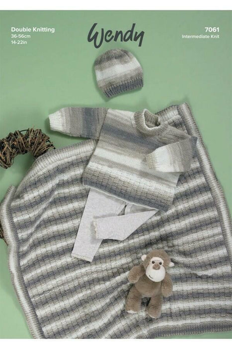 Knitting Pattern Baby Sweater, Hat & Blanket in Wendy Giggles DK 7061