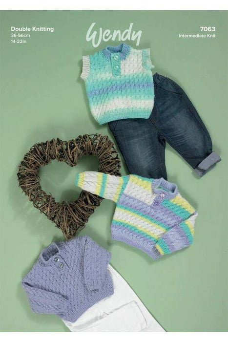 Knitting Pattern Baby Sweater & Slipover in Wendy Giggles DK 7063