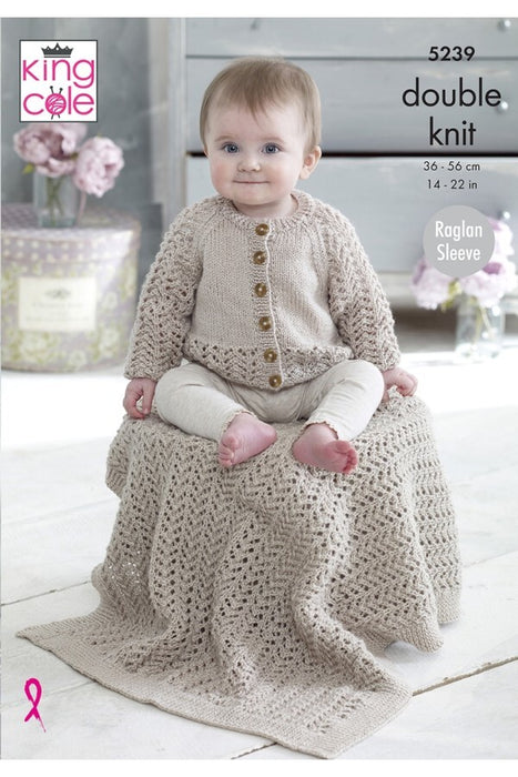 Knitting Pattern Baby Raglan Cardigan, Blanket & Hat in King Cole Baby Glitz DK 5239
