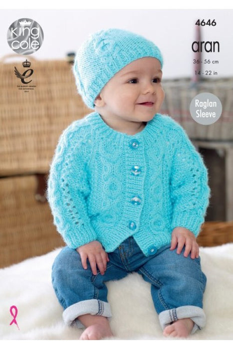Knitting Pattern Sweater, Cardigan, Hat, Scarf & Bootees in King Cole Comfort Aran 4646