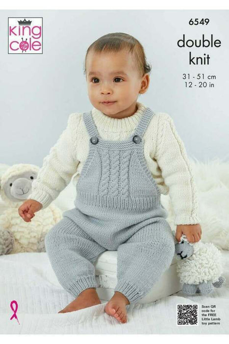 Knitting Pattern Baby Dungarees, Pinafore, Sweater, Cardigan and Bootees in King Cole Little Lamb DK 6549