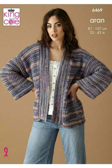 Knitting Pattern Ladies Cardigan and Waistcoat in King Cole Homespun Prism Aran 6469