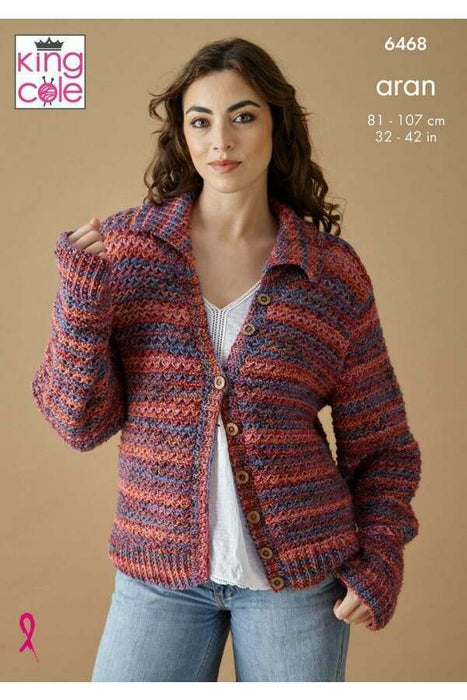 Knitting Pattern Ladies Cardigan and Waistcoat in King Cole Homespun Prism Aran 6468