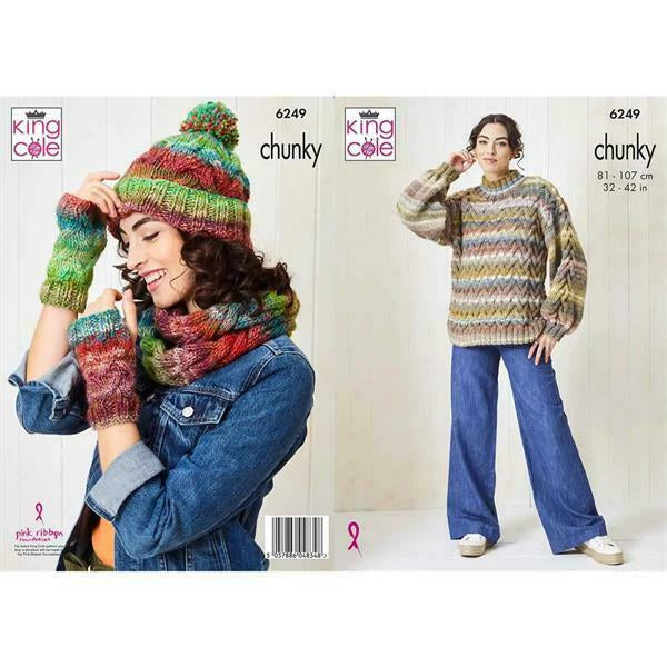 Knitting Pattern Sweater & Accessories Knitted in King Cole Cottagespun Chunky 6249