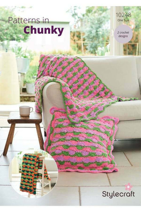Crochet Pattern Blanket & Cushion Cover in Stylecraft Chenille Chunky 10248
