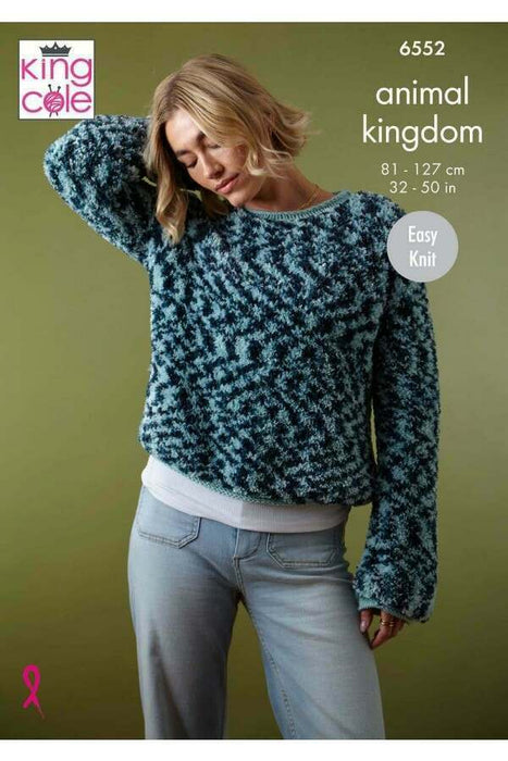 Knitting Pattern Sweater and Cardigan in King Cole Animal Kingdom and Fashion Aran 6552