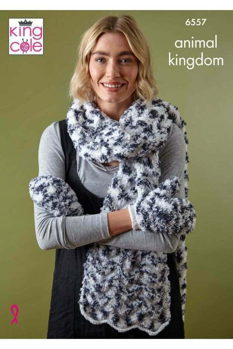 Knitting Pattern Accessories (Scarf, Mittens, Beanie, Bandana, Hooded Cowl & Snood) in King Cole Animal Kingdom 6557