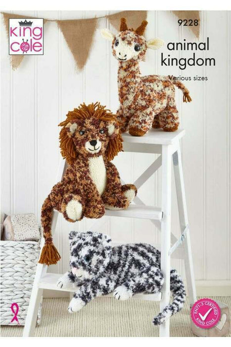Knitting Pattern Animal Friends (Lion, Snow Leopard & Giraffe) in King Cole Animal Kingdom 9228