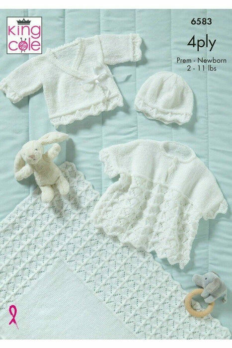 Knitting Pattern Prem Baby Cape, Cardigan, Shawl & Hat in King Cole Cherished 4 Ply 6583