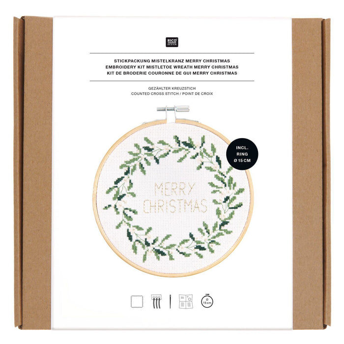 Rico Design Embroidery Kit with Hoop Mistletoe Wreath Merry Christmas 100542