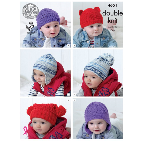 Knitting Pattern Baby & Childrens Hats 6-12 m - 6-7 years In King Cole Cherish / Cherished DK 4651