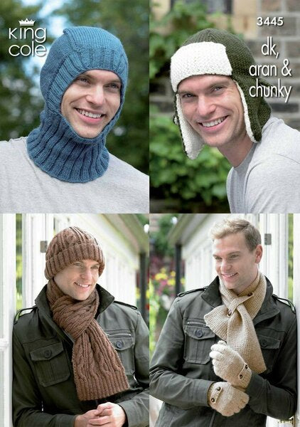 Knitting Pattern Mens Hats, Balaclavas, Scarves & Gloves in King Cole Aran, Double Knit & Chunky 3445