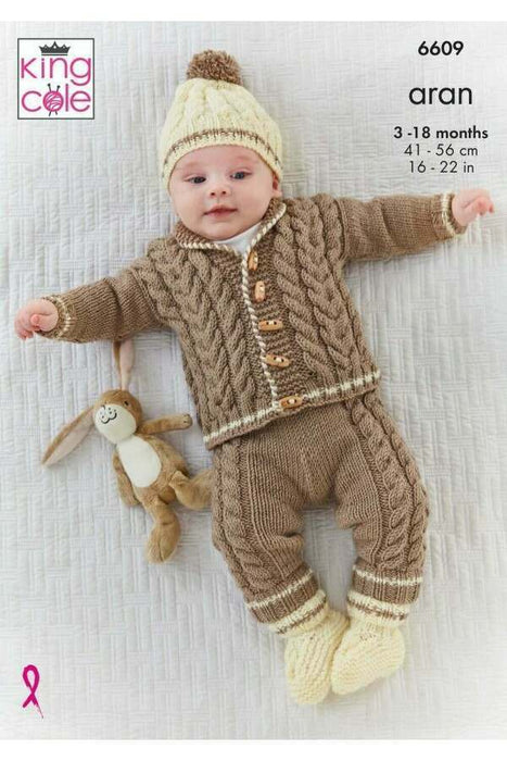 Knitting Pattern Baby Jacket, Trousers, Sweater, Hat and Bootees in King Cole Cherished Aran 6609