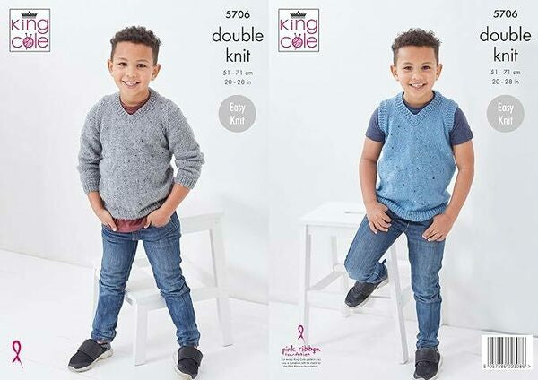 Knitting Pattern Boys Sweater and Slipover in King Cole Big Value Tweed DK 5706