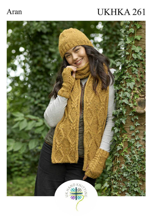 Knitting Pattern Accessory Set Hat, Scarf & Wrist Warmers in Aran UKHKA 261